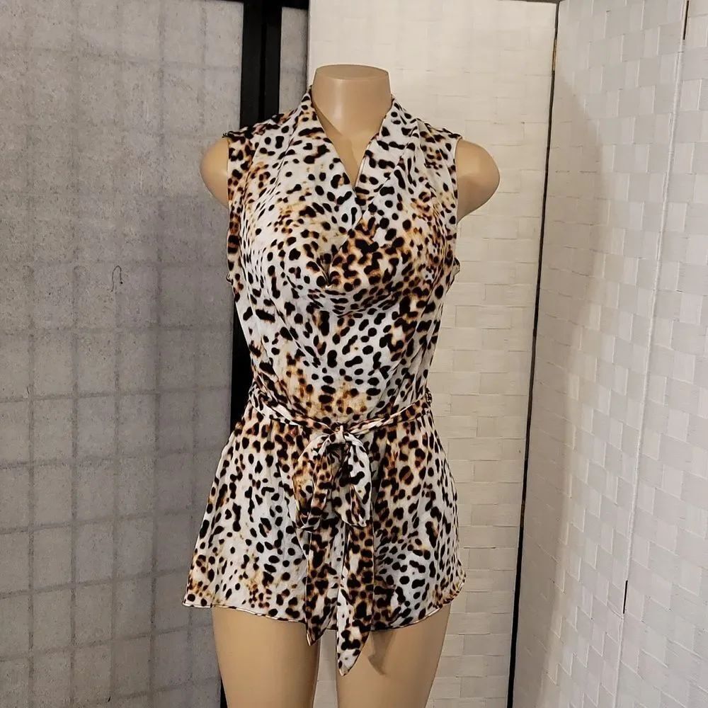 BRAND NEW WORTHINGTON SLEEVELESS DRAPED NECKLINE LEOPARD BLOUSE G1